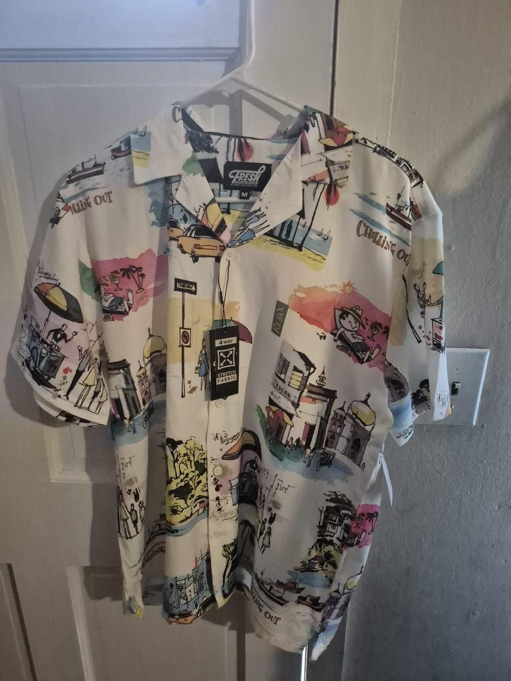 fresh Prints White Multi-Color Vacation Print Short Sleeve Button-Down Shirt